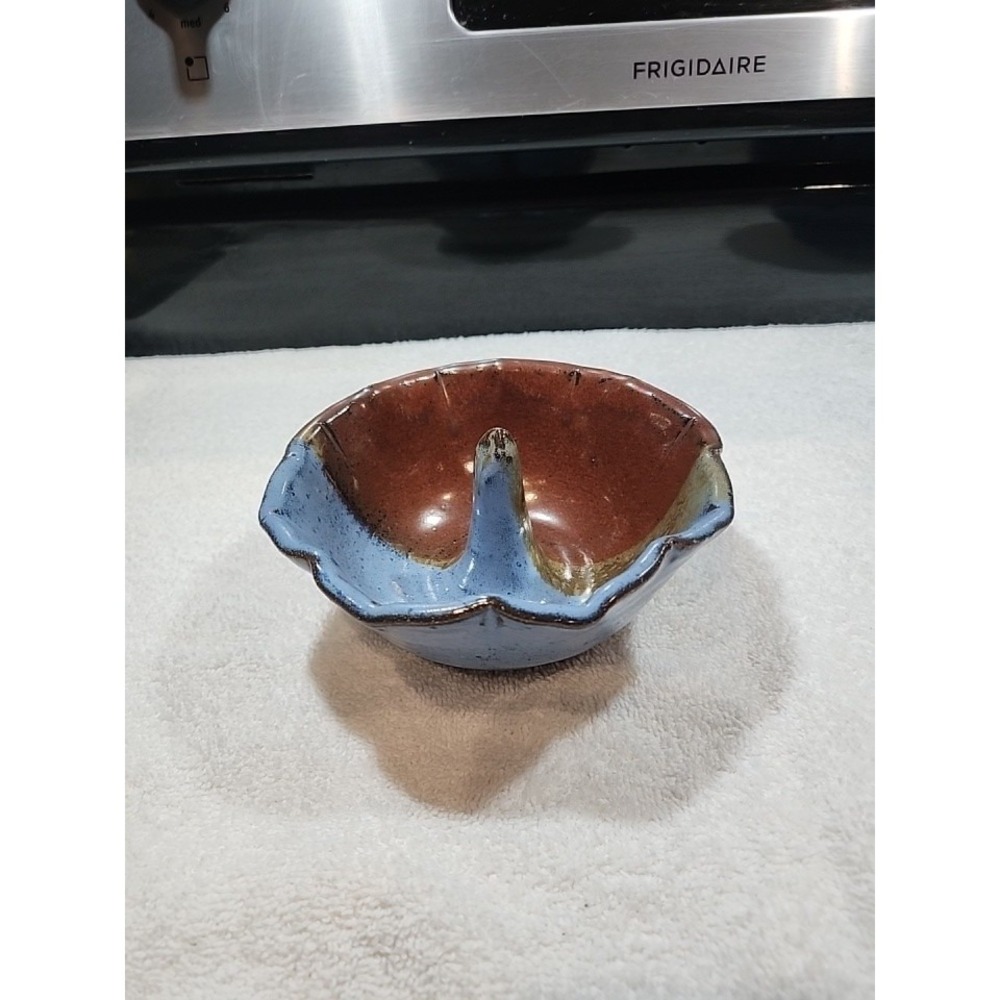 Blue & Brown~Pottery Apple Or Onion Baker~Red Clay~Nice~Stamped W/ Makers Mark